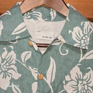 By The Sea Bali Mens Linen Shirt Small Teal Green Floral Hibiscus Short Sleeve